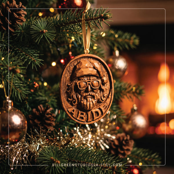 The Dude Abides Santa Christmas Ornament – 3D Relief Carved Solid Birch Hardwood – Holiday Decor