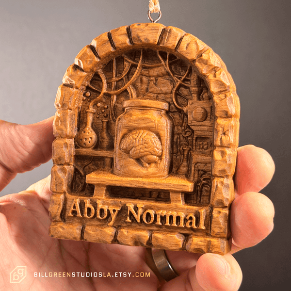 Abby Normal Ornament – Young Frankenstein - 3D Carved Solid Hardwood – Free Personalization -Halloween Decor