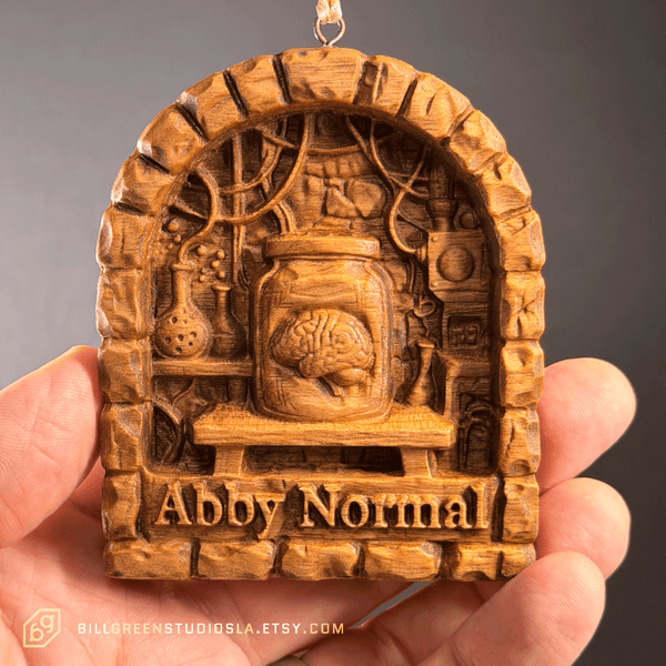 Abby Normal Ornament – Young Frankenstein - 3D Carved Solid Hardwood – Free Personalization -Halloween Decor